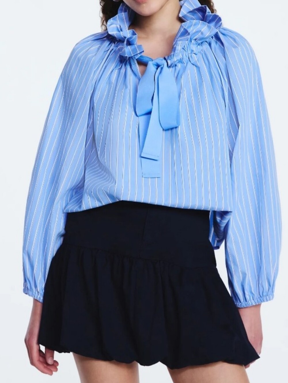 Free Assembly Women's Light Blue Ruffle Tie Neck  Top  Long Puff Sleeves Sizes L